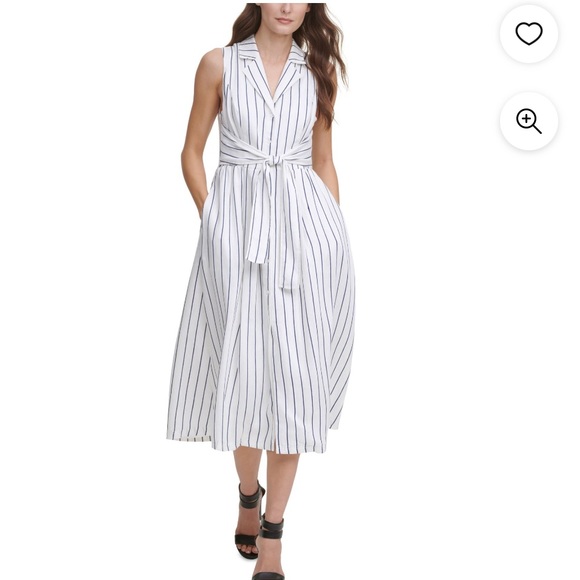 Dkny Dresses & Skirts - DKNY Womens White Belted Button Closures Striped Sleeveless  Midi Shirt Dress